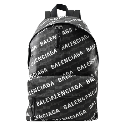 BALENCIAGA Signature 滿版印花皮革拉鍊雙肩大容量商旅後背包(黑)