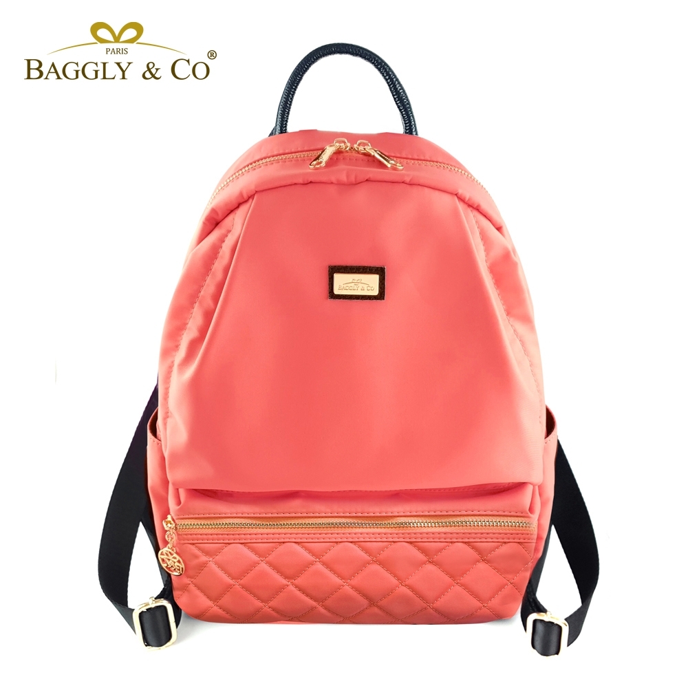 【福利品】【BAGGLY&CO】質感菱格紋真皮尼龍防盜後背包-橘色