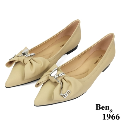 Ben&1966高級絲綢羊皮優雅尖頭包鞋-奶茶杏(236151)