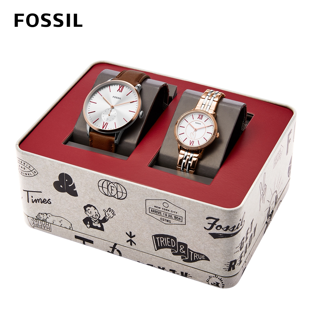 FOSSIL Addison 甜蜜搭配心型圈情人對錶 撞色/玫瑰金不鏽鋼鍊帶 30MM ES5176SET