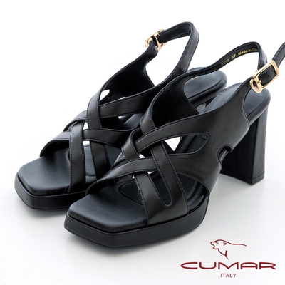 【CUMAR】復古方頭穿插鏤空線條粗跟涼鞋-黑色