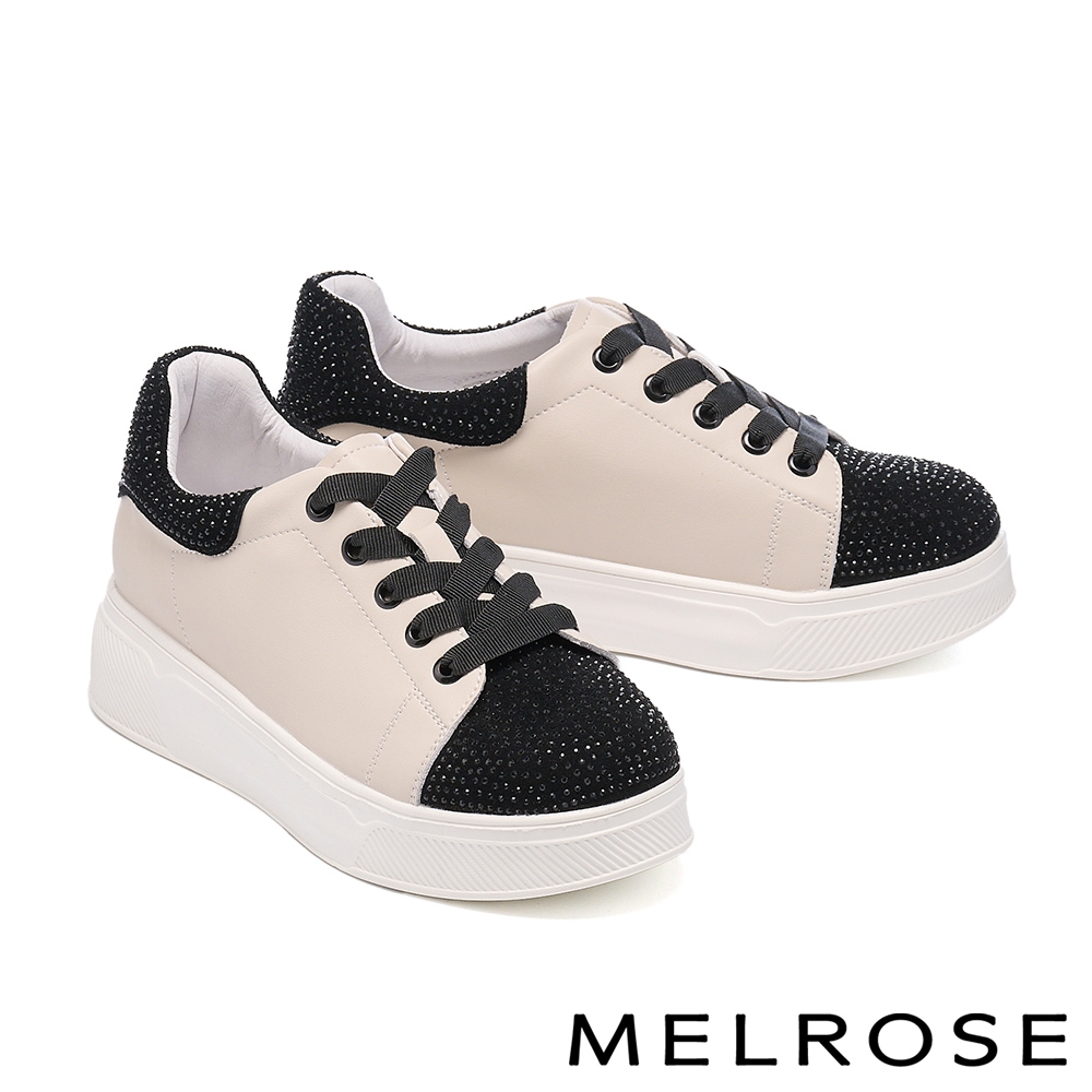 休閒鞋 MELROSE 美樂斯 率性時尚晶鑽拼接牛皮厚底休閒鞋－黑米