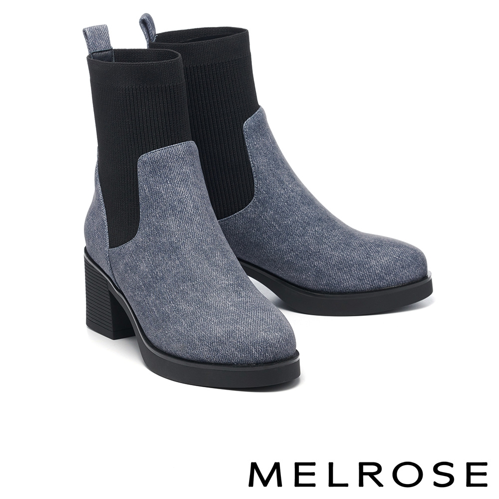 短靴 MELROSE 美樂斯 率性懷舊感拼接飛織高跟短靴－藍