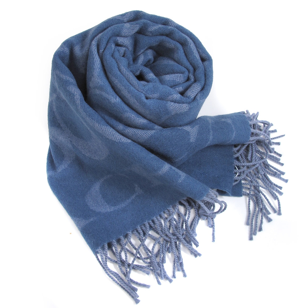 COACH 大C LOGO鈷藍色義大利製雙面羊毛圍巾(195 x 53cm)