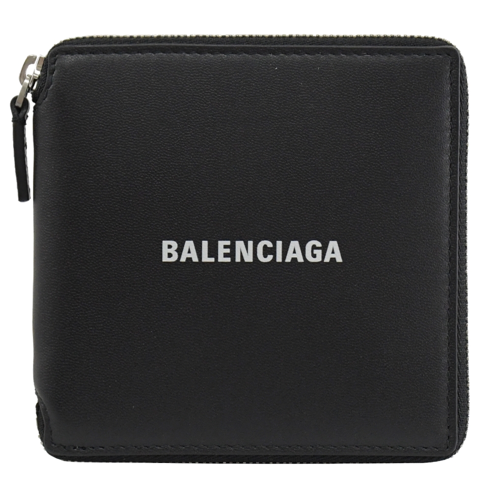 BALENCIAGA 簡約文字LOGO小牛皮素色拉鍊式零錢中短夾(黑)