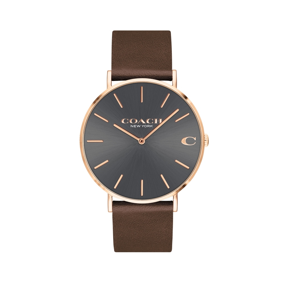 COACH 經典大錶面灰面咖啡皮帶腕錶41mm(14602549)