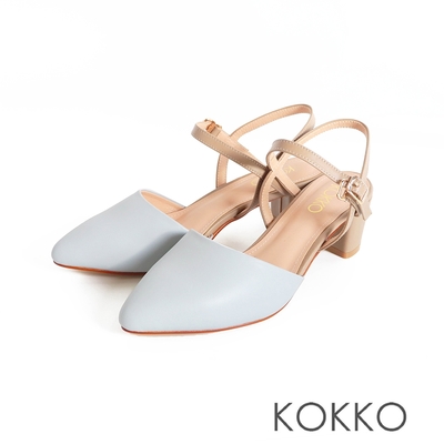 KOKKO都會優雅撞色繞踝繫帶粗跟寬楦包鞋淺藍色