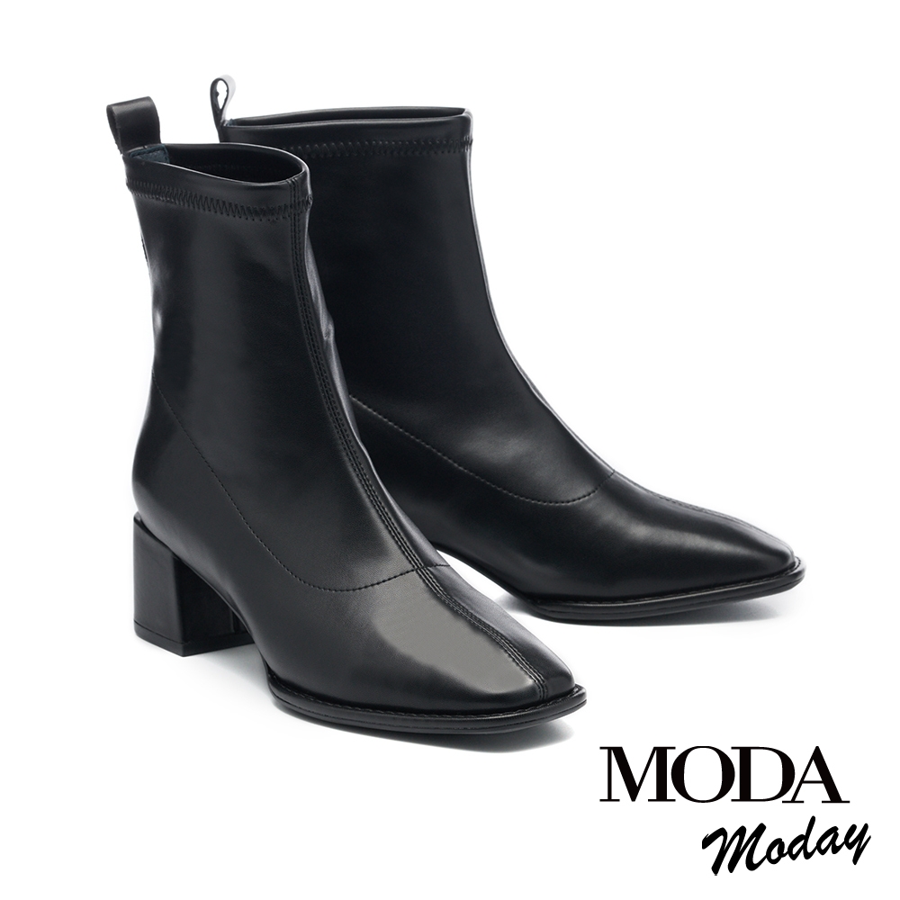 短靴 MODA MODAY 質感簡約純色方頭高跟短靴－黑