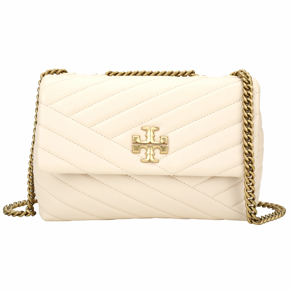 TORY BURCH Kira Chevron 小款 絎縫小羊皮翻蓋式鍊帶肩/斜背包(奶油白)