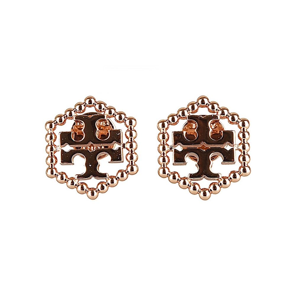 TORY BURCH MILGRAIN HEX雙T LOGO圓珠六角形環繞T字設計穿式耳環(玫瑰金)