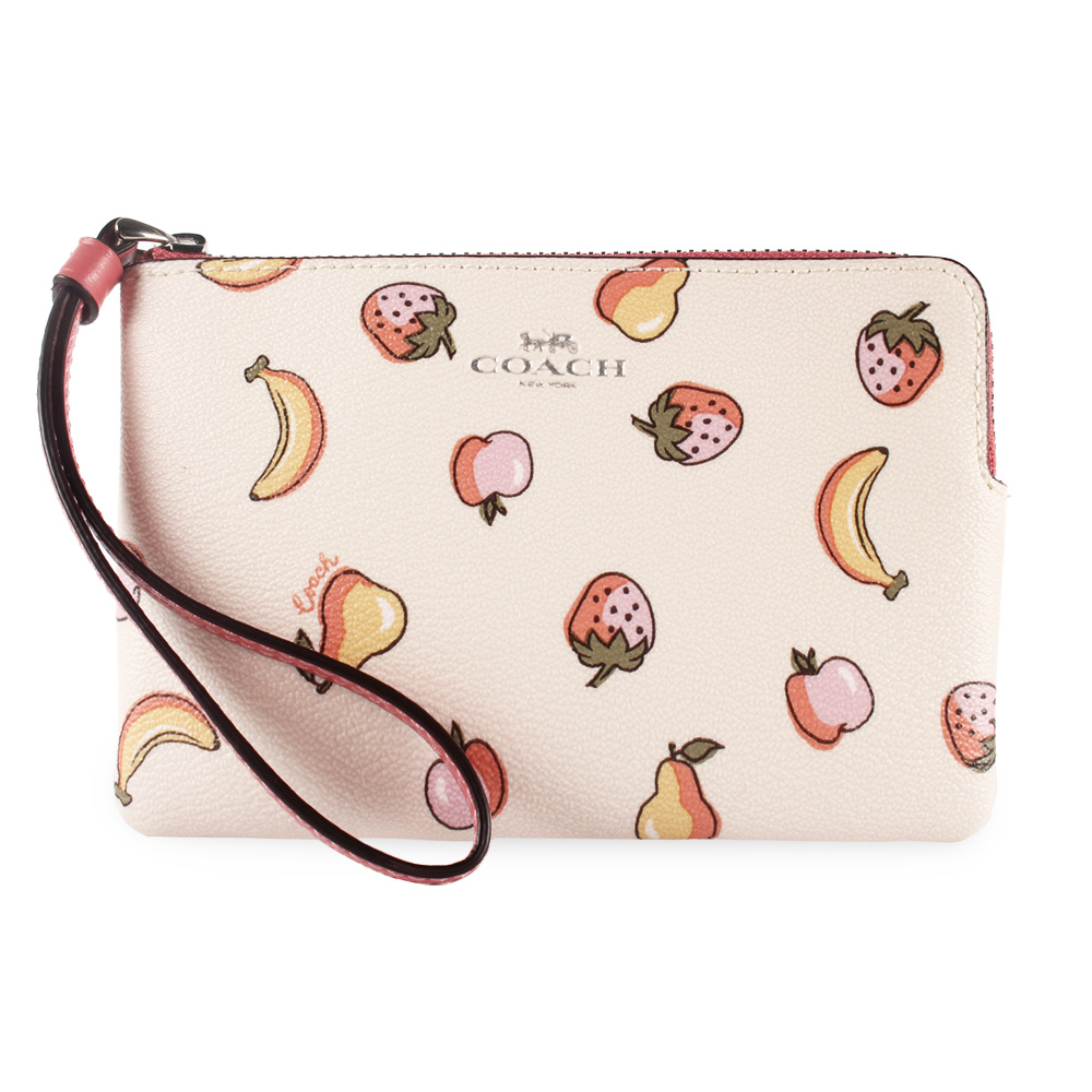 COACH 可愛滿版草莓香蕉水果 PVC皮革L型拉鍊手拿包-白/粉色