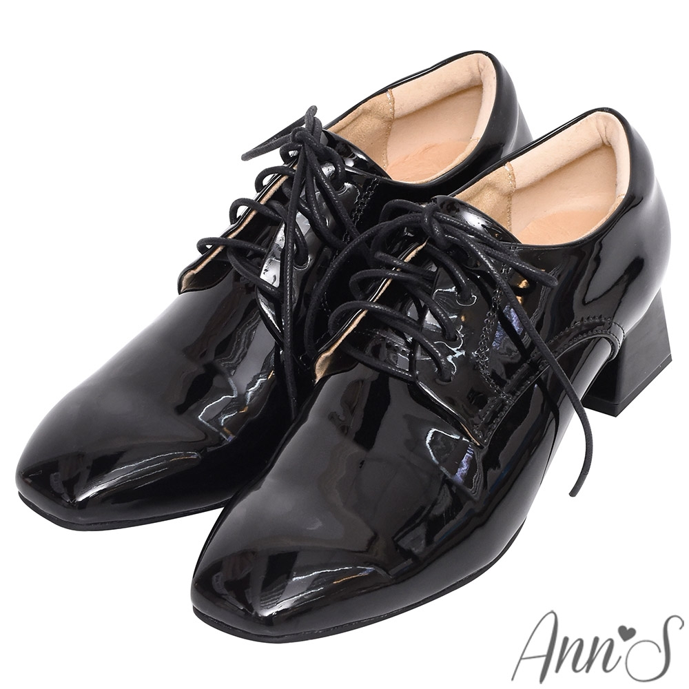 Ann’S簡單最真實-漆皮素面綁帶方頭粗跟牛津鞋4cm-黑漆皮(版型偏小)