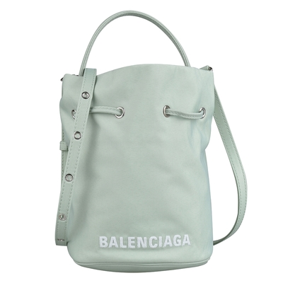 BALENCIAGA 巴黎世家 Wheel經典LOGO尼龍手提斜背兩用水桶包(淡綠x白)