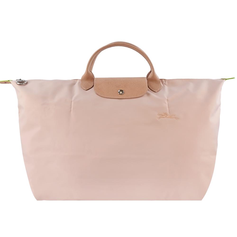 LONGCHAMP LE PLIAGE GREEN系列刺繡短把再生尼龍摺疊旅行袋(小/花粉)