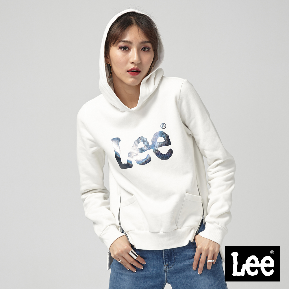 Lee 女款 大Logo拉鍊口袋長袖連帽厚T 白