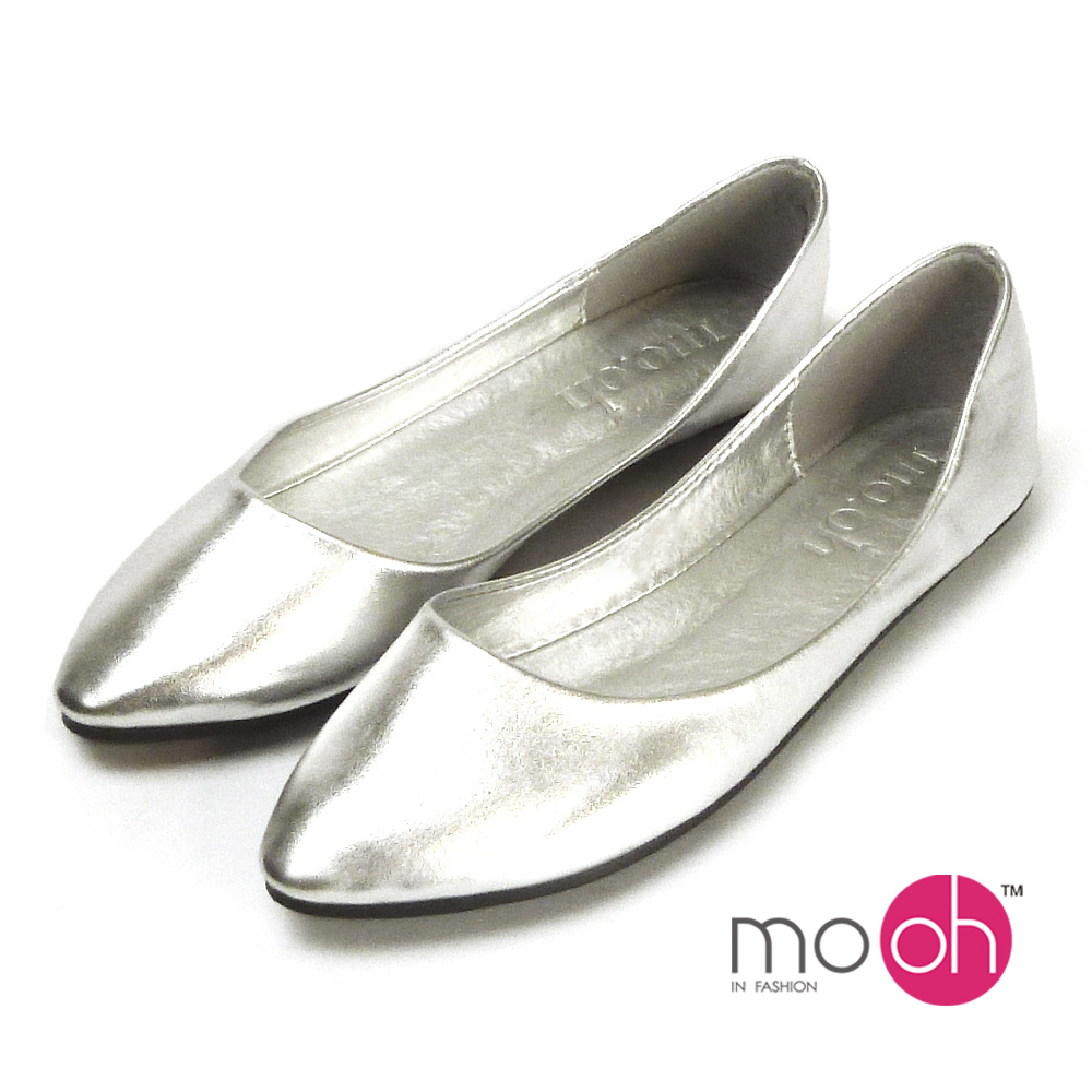 mo.oh-金屬色軟皮素面尖頭平底鞋-銀色
