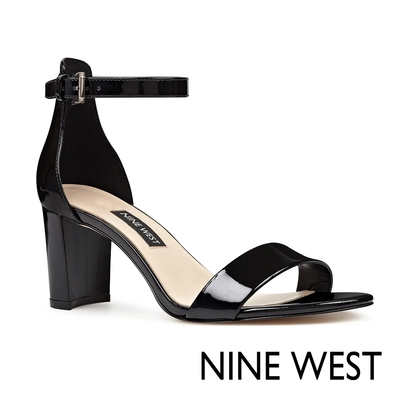 NINE WEST PRUCE3 一字帶漆皮粗跟中跟涼鞋-黑色