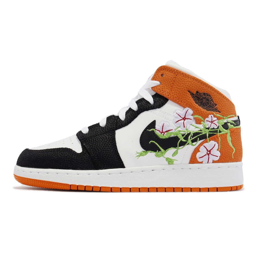 Nike Air Jordan 1 Mid SE GS 大童鞋女鞋橘黑Floral AJ1 花休閒鞋