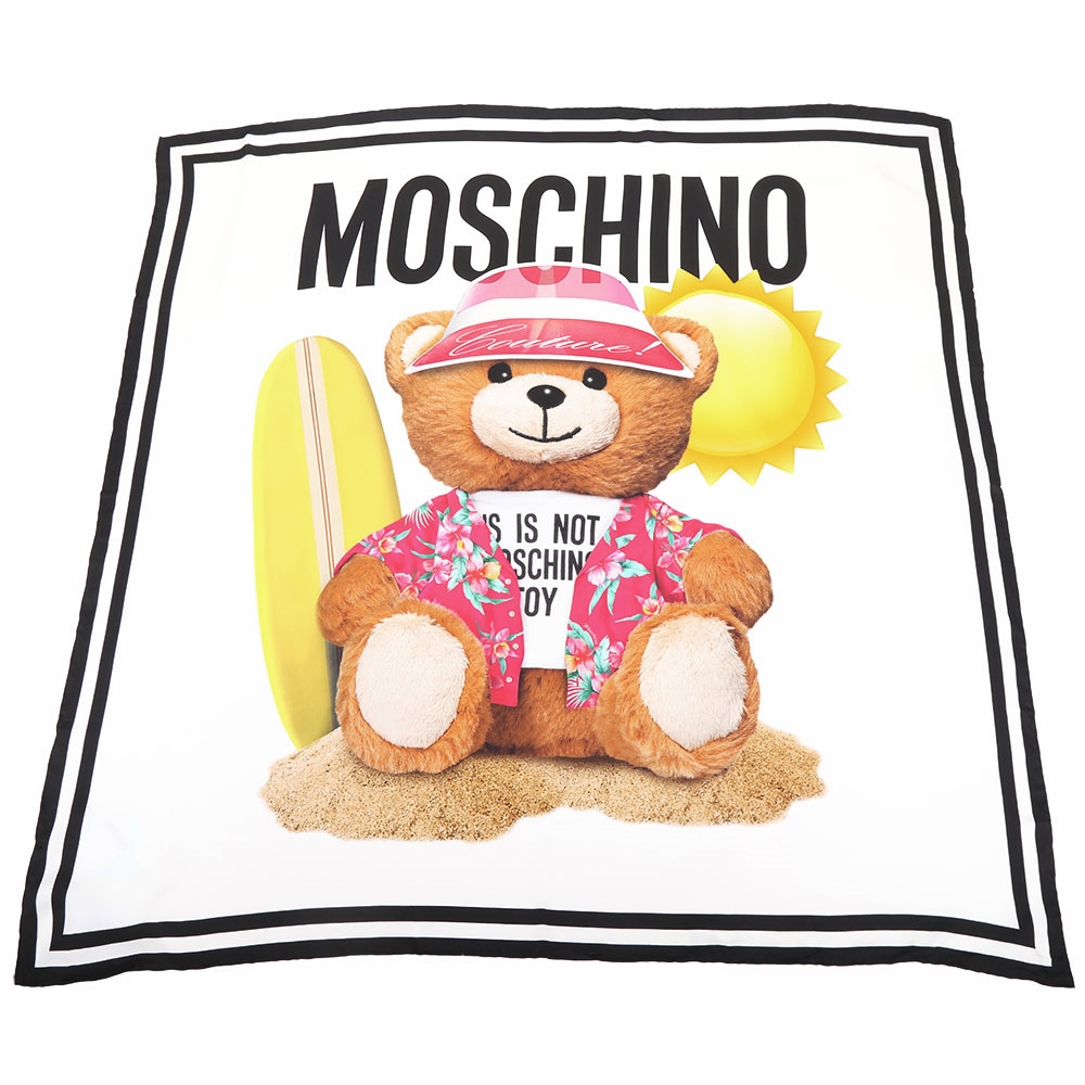 MOSCHINO 沙灘花襯衫泰迪熊印花黑框白色真絲 披肩/綁包巾(90x90)