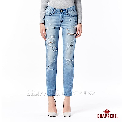 BRAPPERS 女款 新美腳Royal系列-彈性不規則磨破直筒褲-淺藍