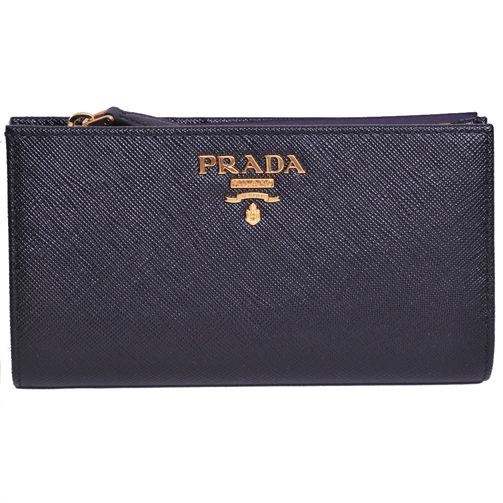 PRADA SAFFIANO 義大利製立體金色LOGO皮革多卡夾層拉鍊機能中夾(黑/1ML009)