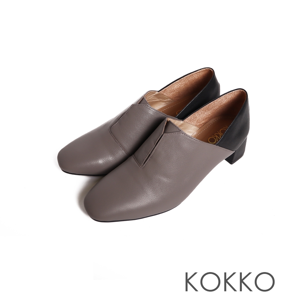KOKKO俐落柔軟真皮小方頭粗跟深口鞋灰色