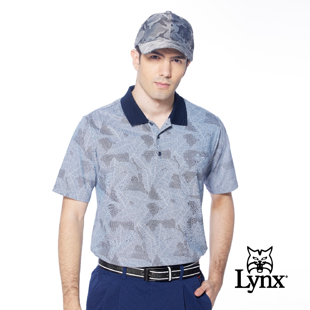 【Lynx Golf】男款吸排抗UV滿版樹葉圖樣胸袋款短袖POLO衫/高爾夫球衫-深藍色