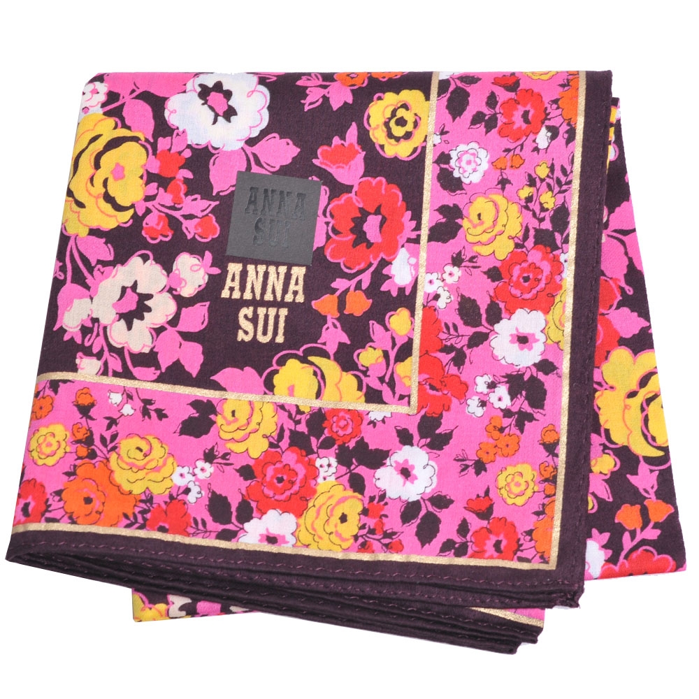 ANNA SUI 優雅玫瑰花字母LOGO圖騰帕領巾(桃紅/咖啡色系)