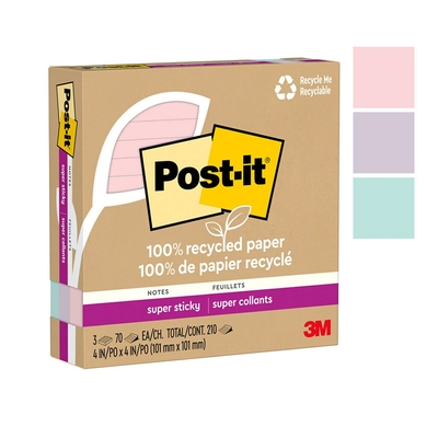 3M Post-it 利貼 狠黏 環保橫格便條紙 101x101mm（70張 /本）混色3本 /盒 675R-3SSNRP