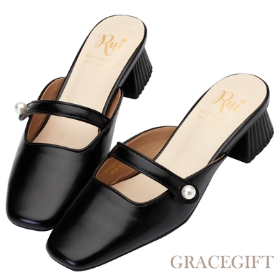 【Grace Gift】小貓聯名-甜美可麗露全真皮瑪莉珍穆勒鞋 黑