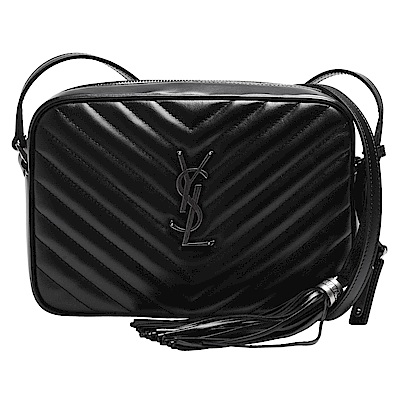 YSL MONOGRAM系列車縫V字紋小牛皮復古金屬LOGO銀鍊流蘇拉鍊肩/斜背包(黑)