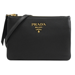 PRADA 金屬LOGO牛皮雙層拉鍊斜背包(黑/金)