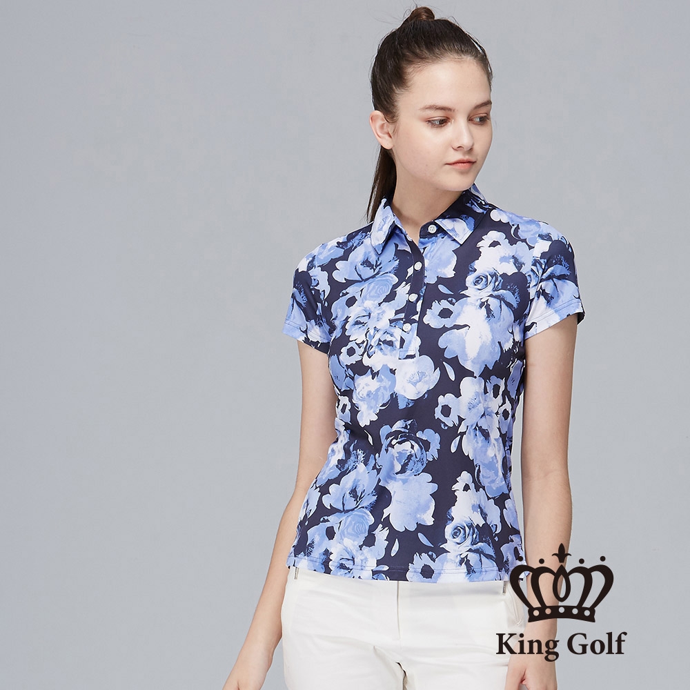 【KING GOLF】女款花卉暈染印圖造型POLO衫/高爾夫球衫-藍色