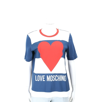 LOVE MOSCHINO 愛心字母印花微彈性棉藍白寬條紋短袖TEE