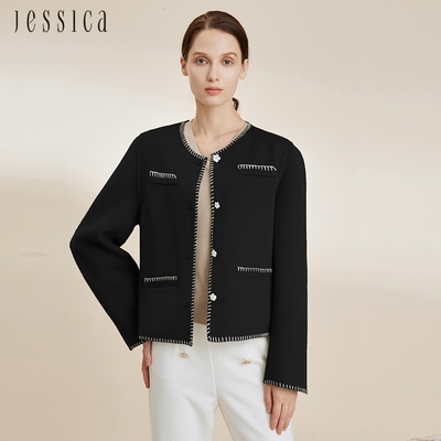JESSICA - 百搭羊毛撞色滾邊圓領短版外套224502（黑）
