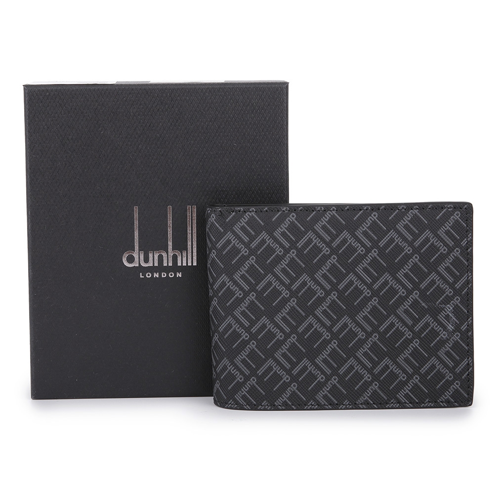 dunhill Signature滿版LOGO防刮皮革4卡格零錢短夾-黑色