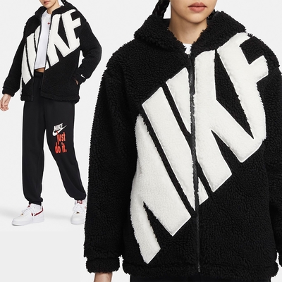 Nike AS W NSW Logo Sherpa JKT 女款 黑白色 運動 休閒 長袖 連帽外套 FB8696-010