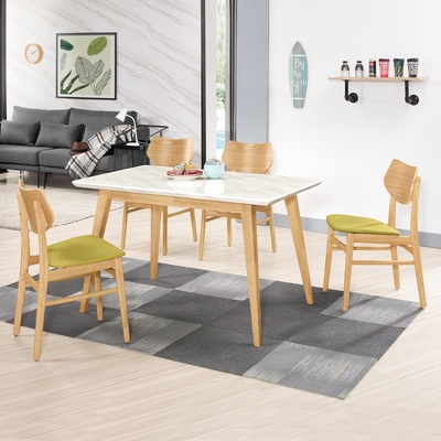 Boden-安達4.3尺白色石面實木餐桌+奧普綠色布面實木餐椅組合(一桌四椅)-130x80x77cm