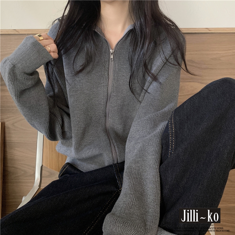 JILLI-KO 拉鍊翻領針織外套- 黑/灰