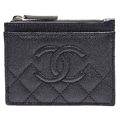 CHANEL 雙C LOGO菱格紋金屬質感粒紋小羊皮拉鍊信用卡/零錢包(灰黑)