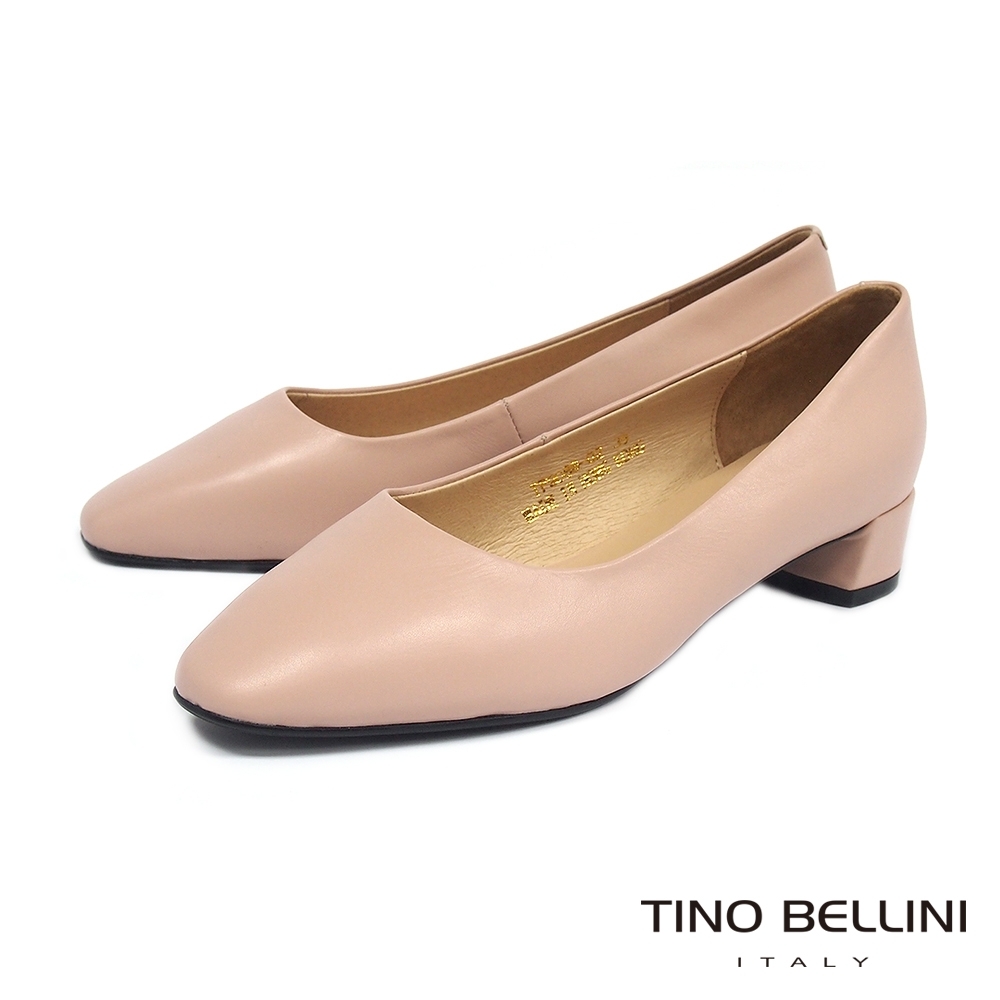 Tino Bellini柔美簡潔全真皮方頭中跟鞋_粉