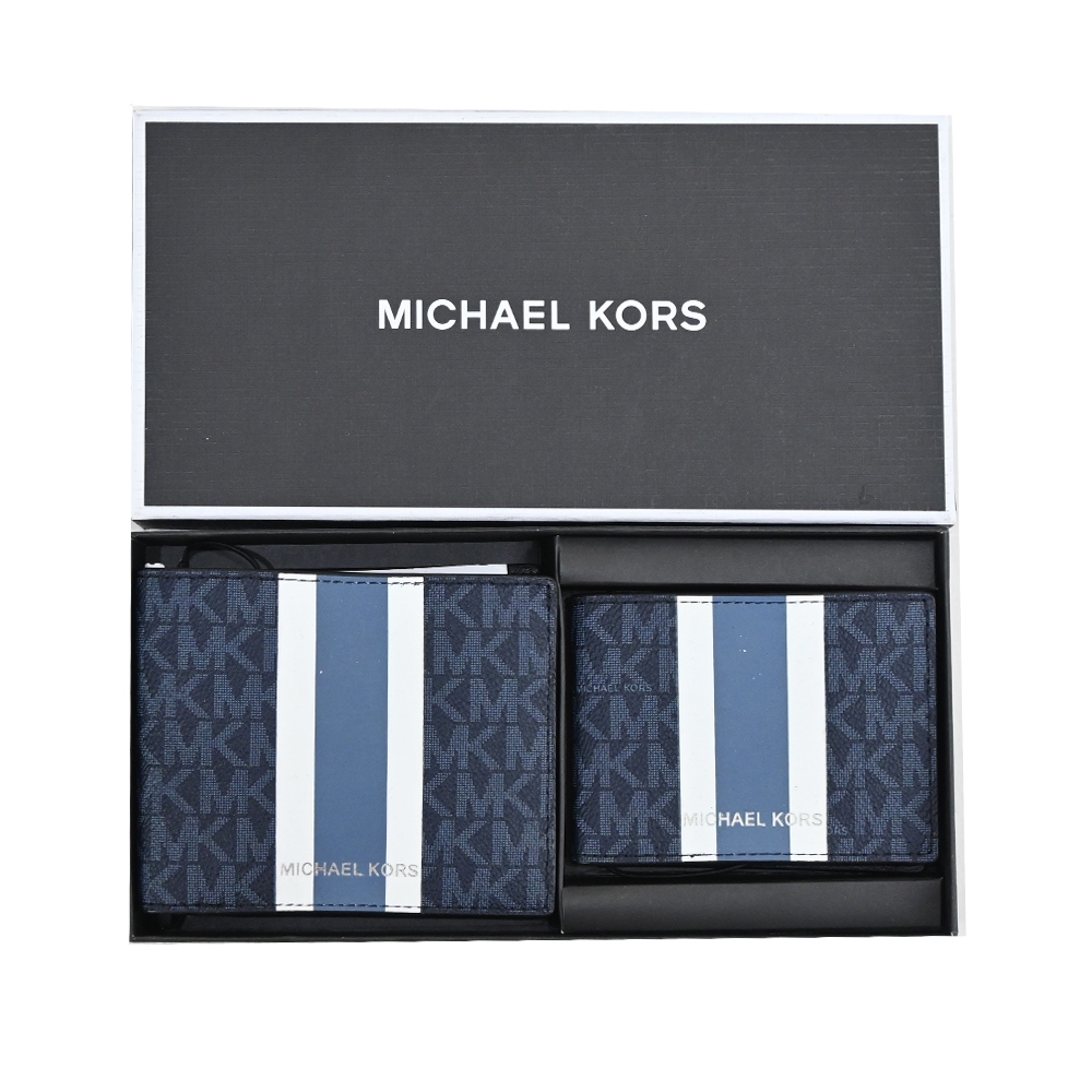 MK MICHAEL KORS GIFTING直紋滿版對開短夾(附證件夾)禮盒組-深藍