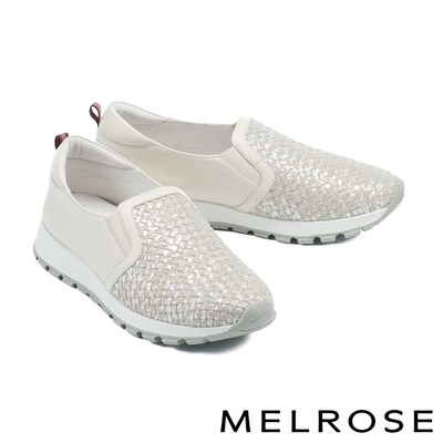 休閒鞋 MELROSE 美樂斯 日常百搭編織造型全真皮厚底休閒鞋－米