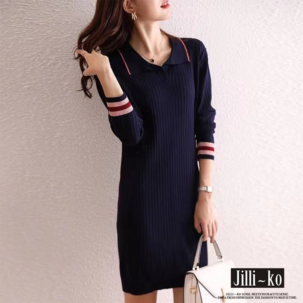JILLI-KO 配色袖口時尚針織連衣裙- 深藍