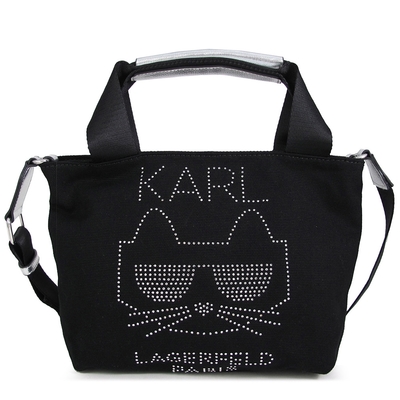 KARL LAGERFELD 戴太陽眼鏡的水鑽小貓厚織帆布小托特兩用包(黑色)