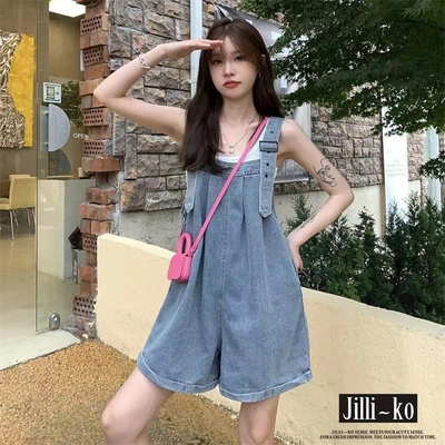 JILLI-KO 可調整吊帶捲邊牛仔連身短褲 - 藍色