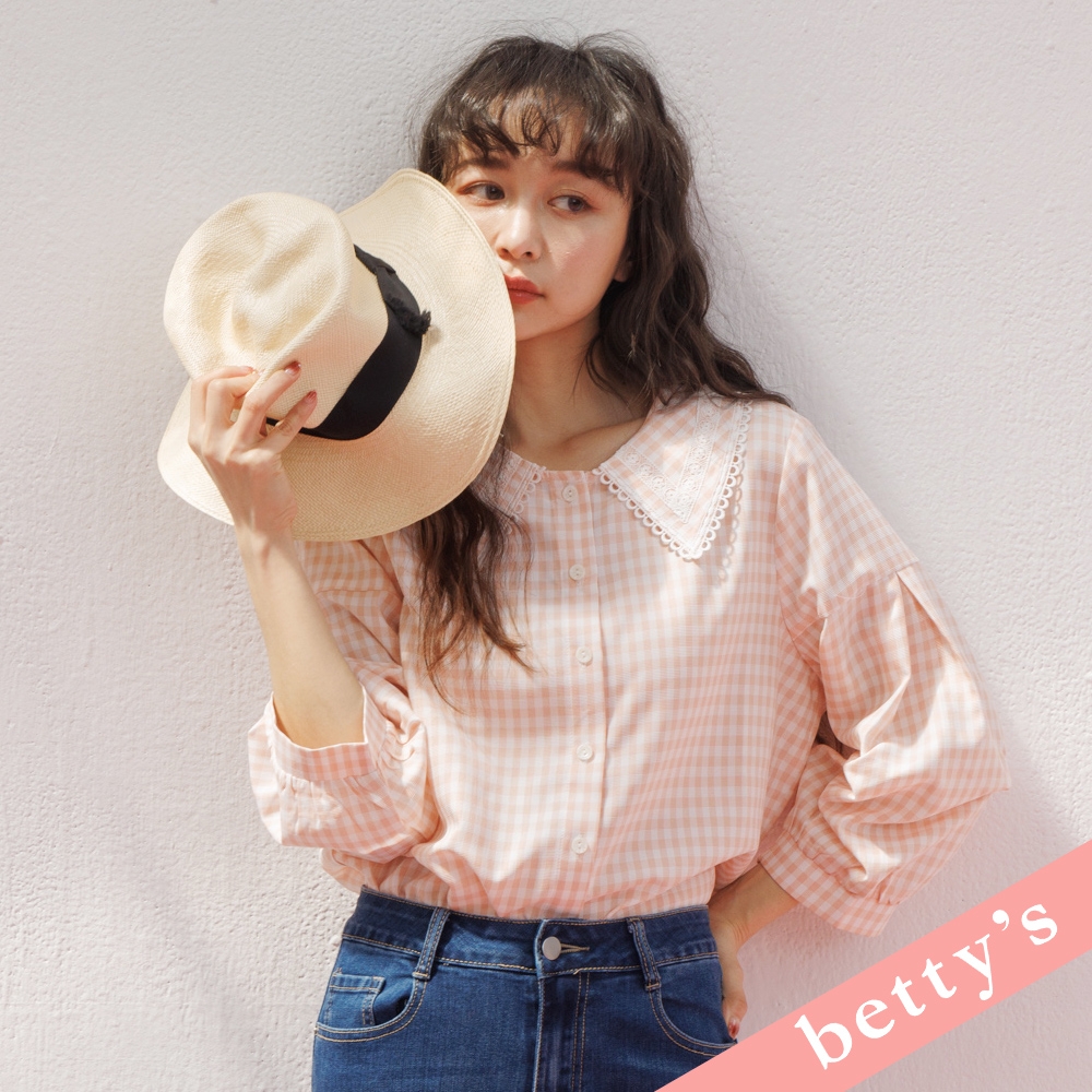 betty’s貝蒂思　格紋蕾絲劍領泡泡袖襯衫(粉橘色)