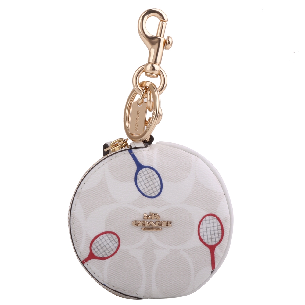 COACH  金馬車羽球拍圖案鑰匙圈釦環圓型零錢包(白)