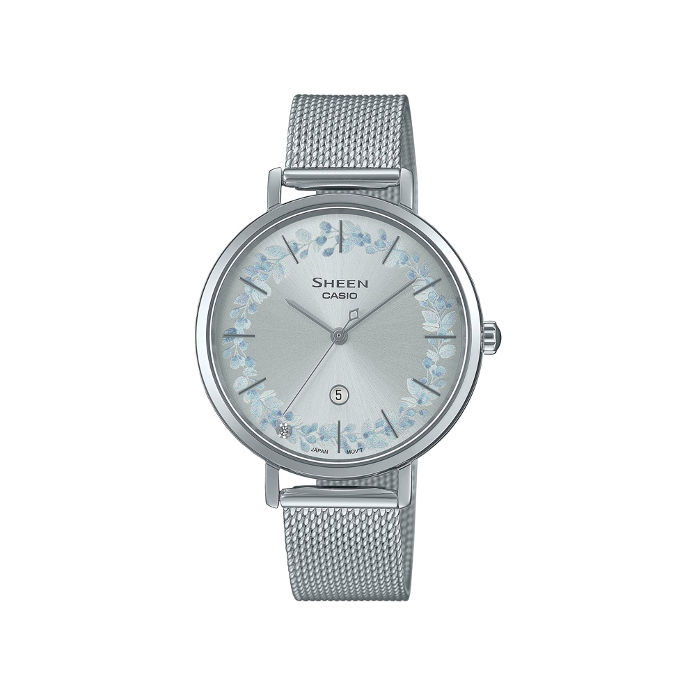 CASIO卡西歐 SHEEN 幸福花環 藍寶石水晶玻璃 水晶點綴 米蘭錶帶 SHE-4539FM-7A_34mm