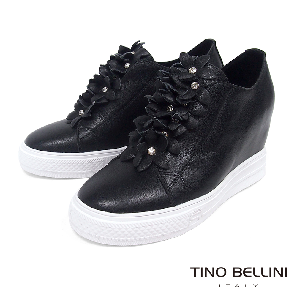Tino Bellini 立體皮革繁花亮鑽內增高厚底休閒鞋 _ 黑